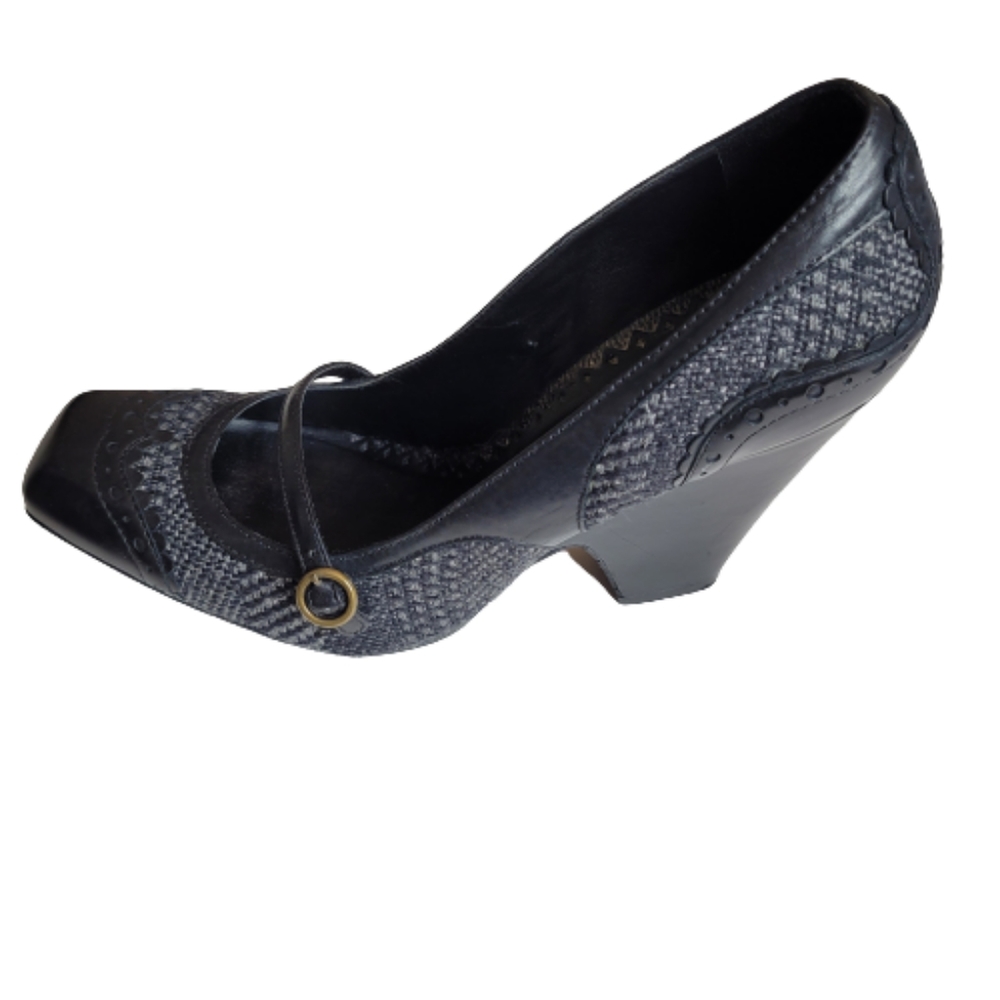 Vince Camuto Black Leather and Tweed Square Toe Mary Jane Block Heel Sz 8
